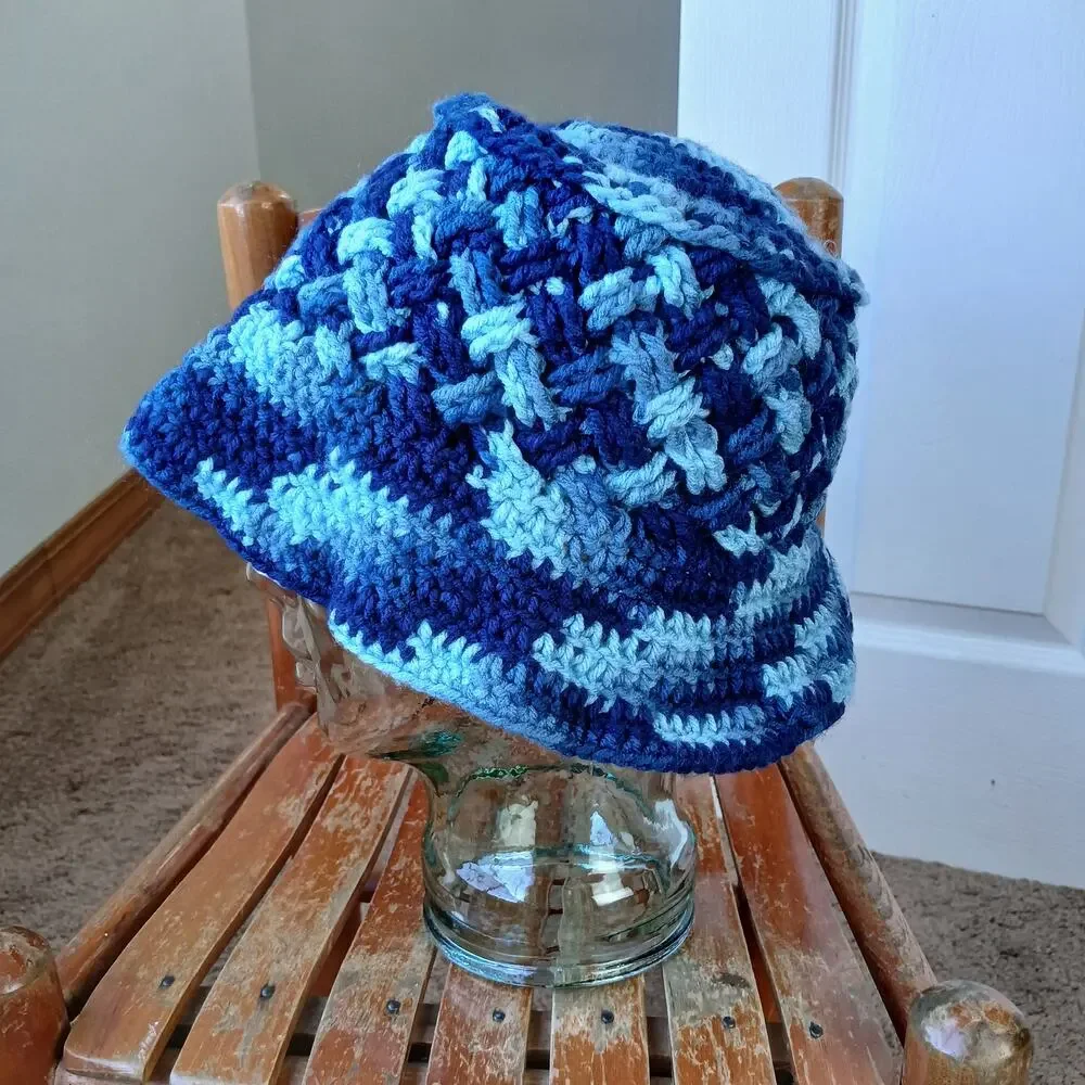 Basket Weave Bucket Hat small crochet shades of blue handmade y2k machine wash